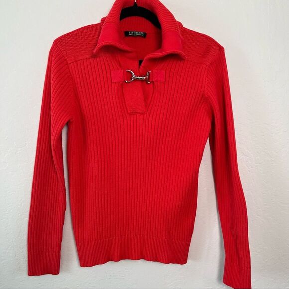 Lauren Ralph Lauren Women's Red V-Neck Ribbed Sweater Horsebit Clasp Size Medium - Picture 2 of 7
